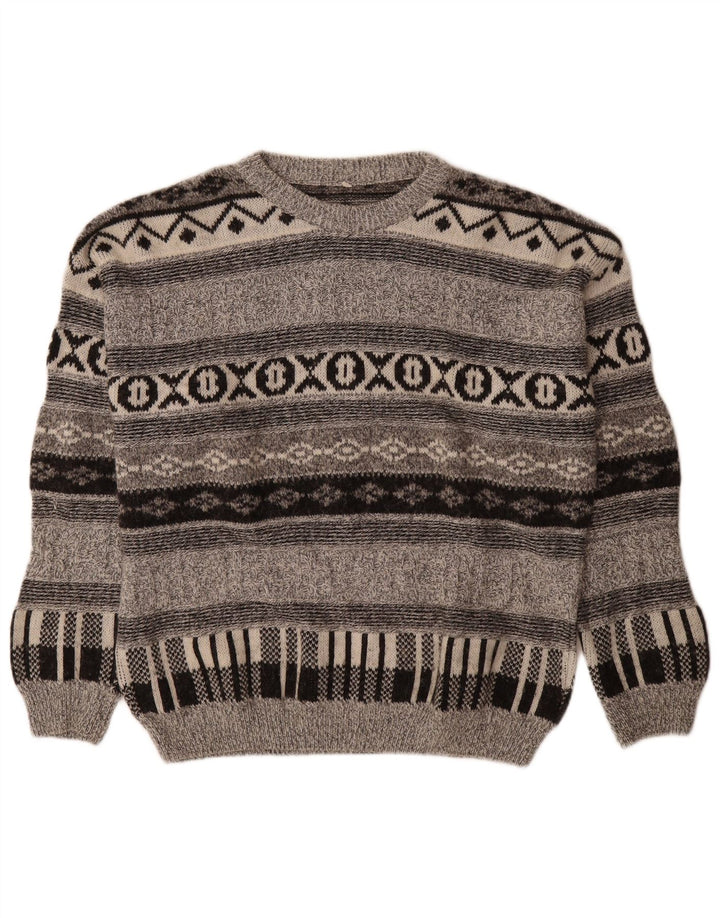 Vintage Mens Crew Neck Jumper Sweater Medium Grey Geometric Wool