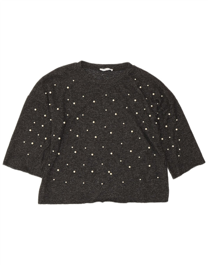 ZARA Womens Oversized Crop Top 3/4 Sleeve UK 10 Small Grey Viscose