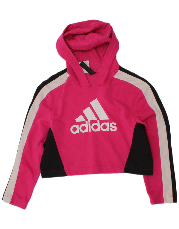 ADIDAS Girls Crop Graphic Hoodie Jumper 7-8 Years Pink Colourblock