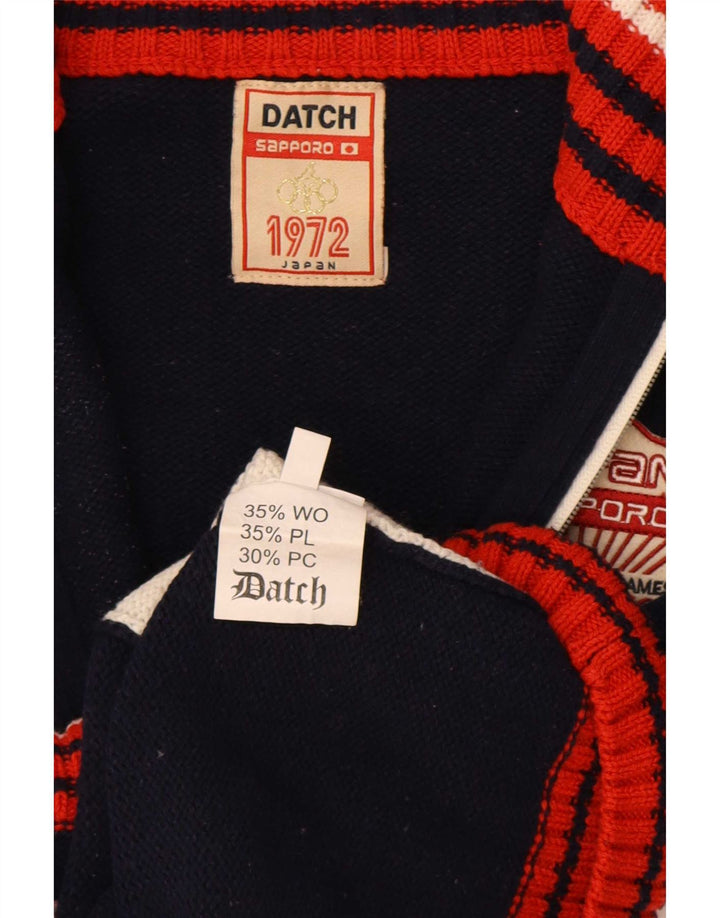 Datch Mens Graphic Cardigan Sweater UK 14 Medium Navy Blue Colourblock Wool