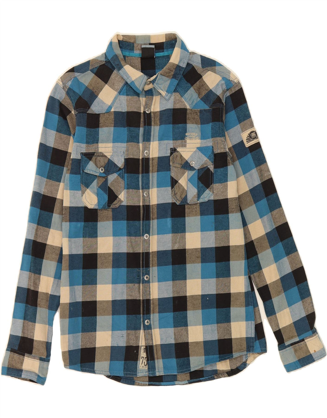 VINTAGE Boys Flannel Shirt 14-15 Years Blue Check Polyester Vintage Vintage and Second-Hand Vintage from Messina Hembry 