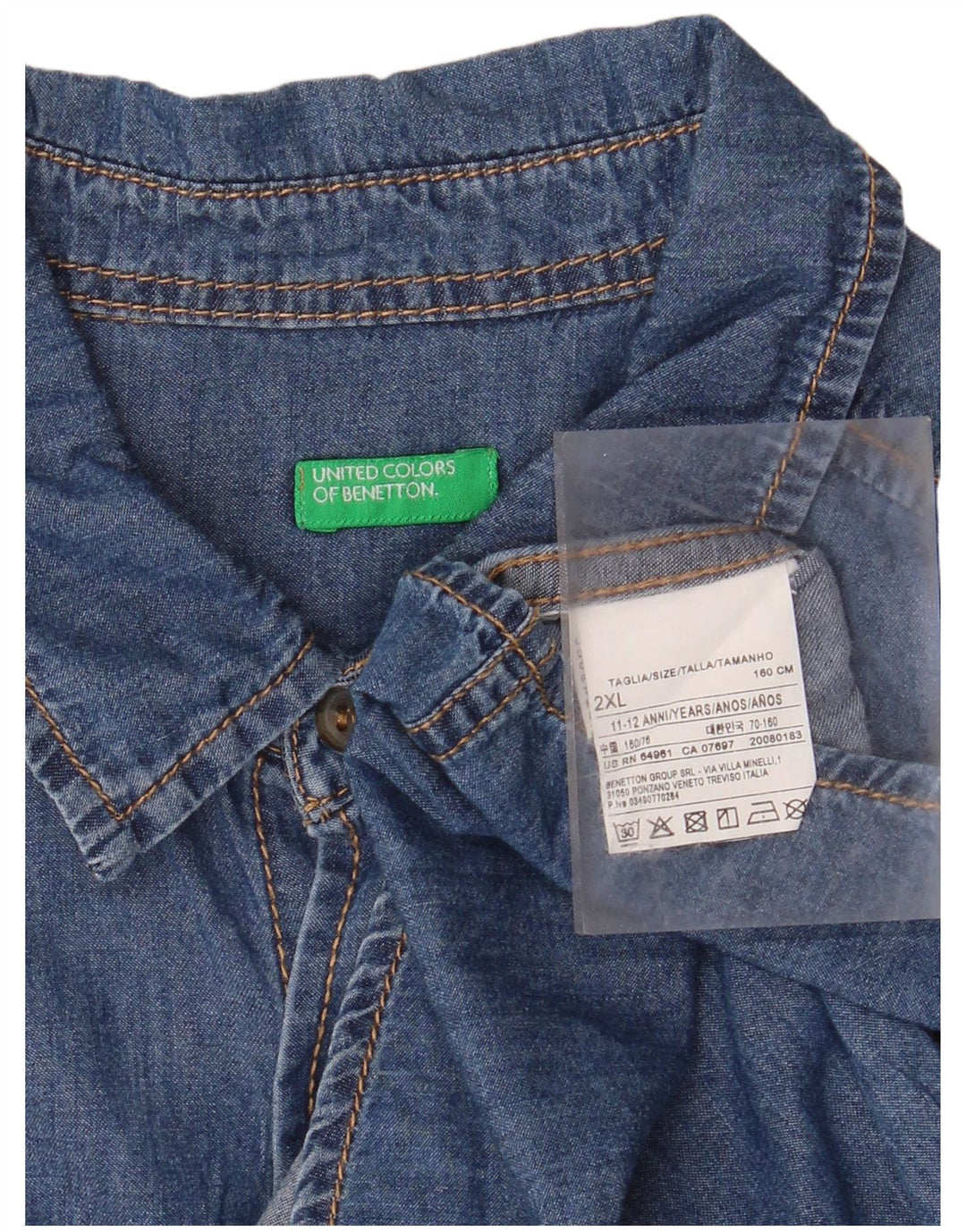 BENETTON Boys Denim Shirt 11-12 Years 2XL Blue Cotton