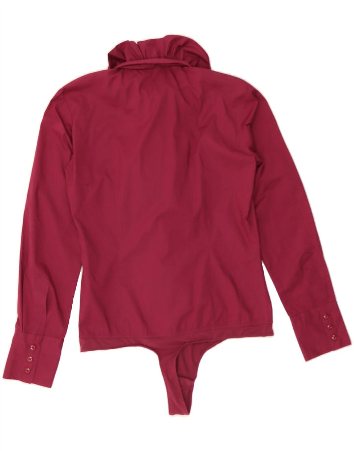 BENETTON Womens Ruffle Front Bodysuit UK 12 Medium Burgundy Cotton Vintage Benetton and Second-Hand Benetton from Messina Hembry 