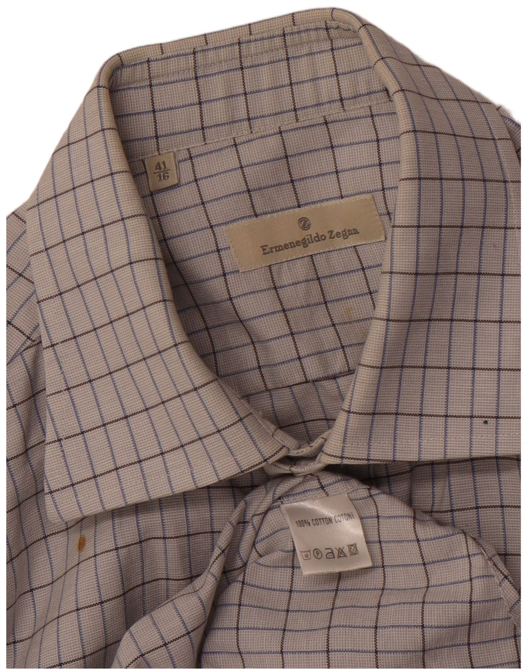 ERMENEGILDO ZEGNA Mens Shirt Size 41 16 Large Off White Check Cotton