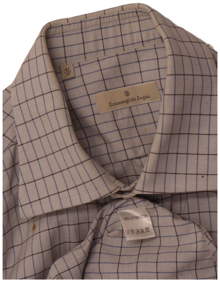 ERMENEGILDO ZEGNA Mens Shirt Size 41 16 Large Off White Check Cotton