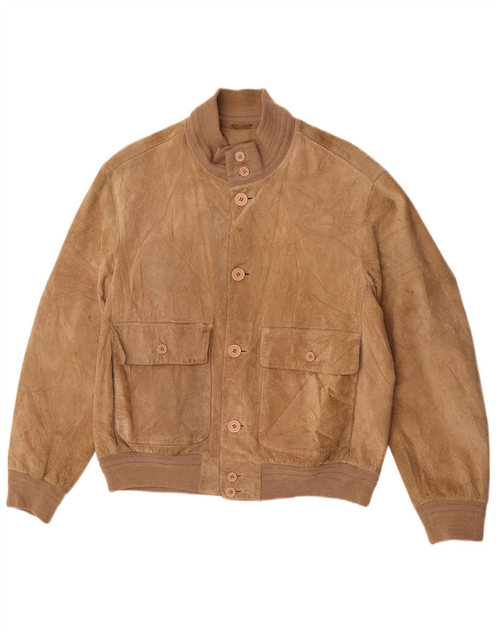 Vintage Mens Suede Bomber Jacket EU 48 Medium Beige Leather
