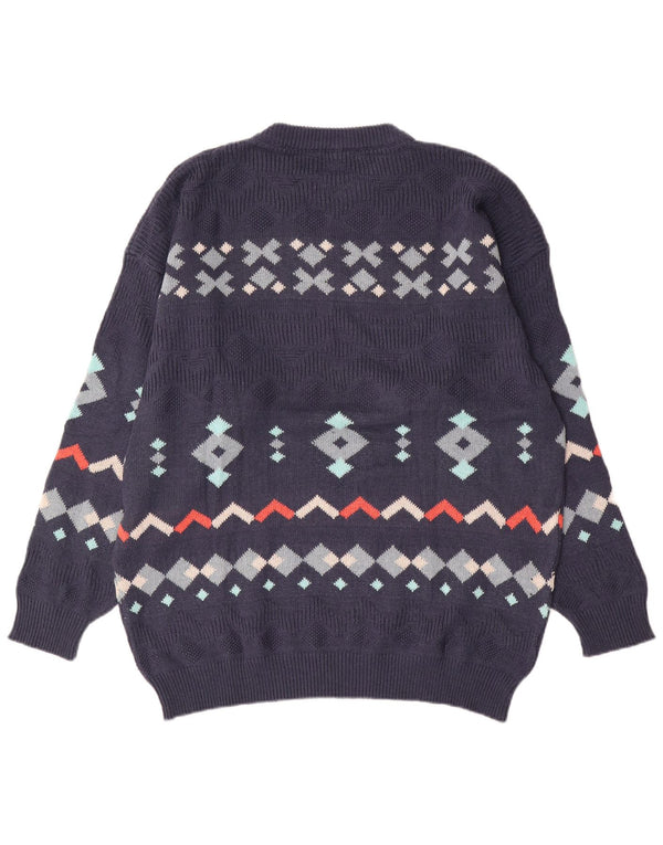 Vintage Mens Crew Neck Jumper Sweater 2XL Navy Blue Geometric Cotton