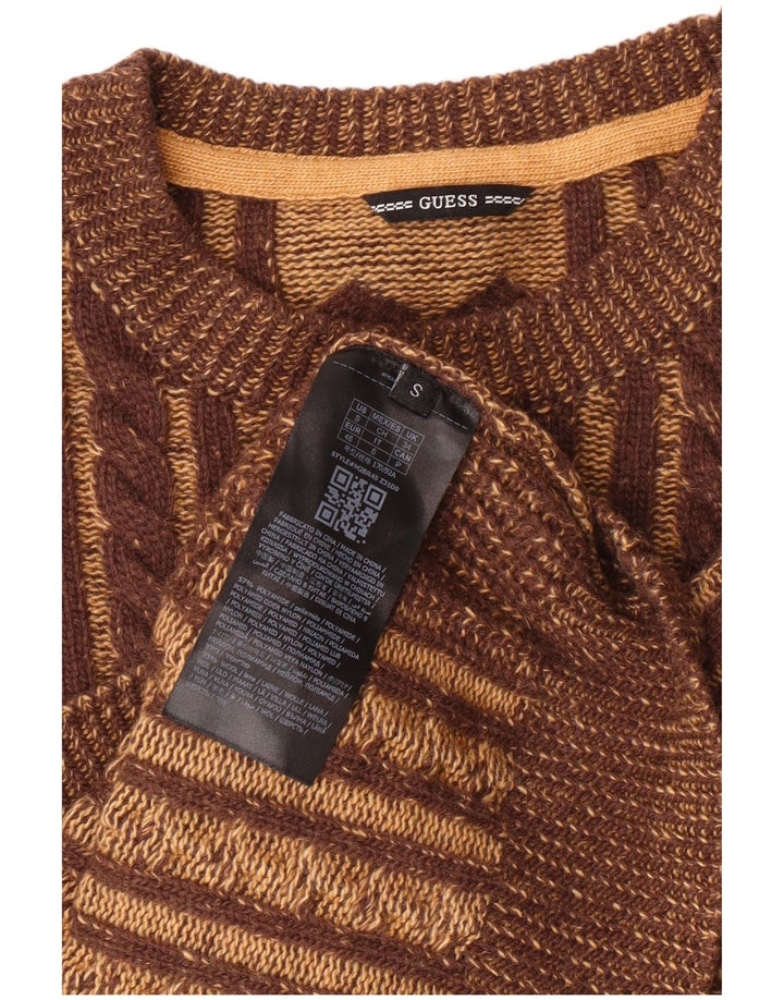 GUESS Mens Crew Neck Jumper Sweater Small Brown Polyamide
