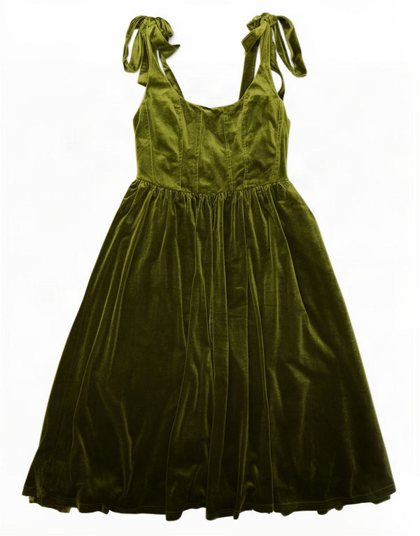 Vintage Womens Sleeveless Velvet A-Line Dress UK 10 Small Khaki