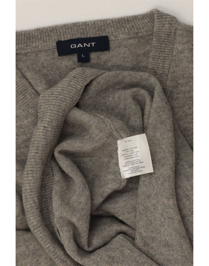 Gant Mens V-Neck Jumper Sweater Large Grey Lambswool