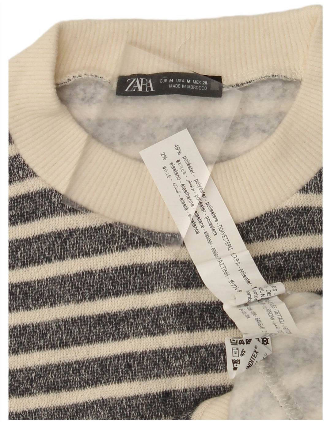 ZARA Womens Crew Neck Jumper Sweater UK 14 Medium Black Striped Polyester