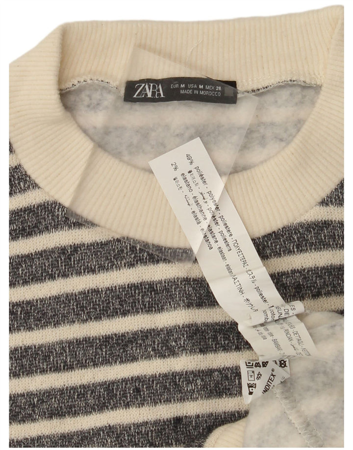 ZARA Womens Crew Neck Jumper Sweater UK 14 Medium Black Striped Polyester