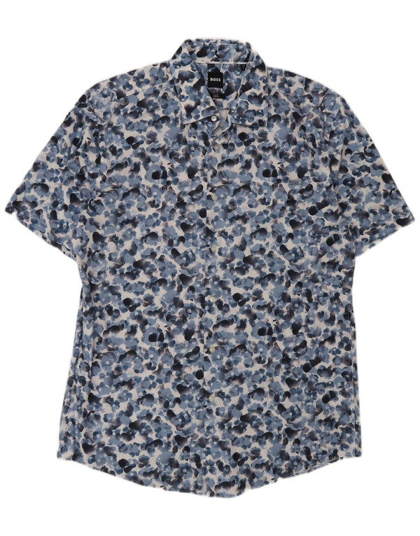 Hugo Boss Mens Stretch Short Sleeve Shirt Size 43 17 XL Blue Floral