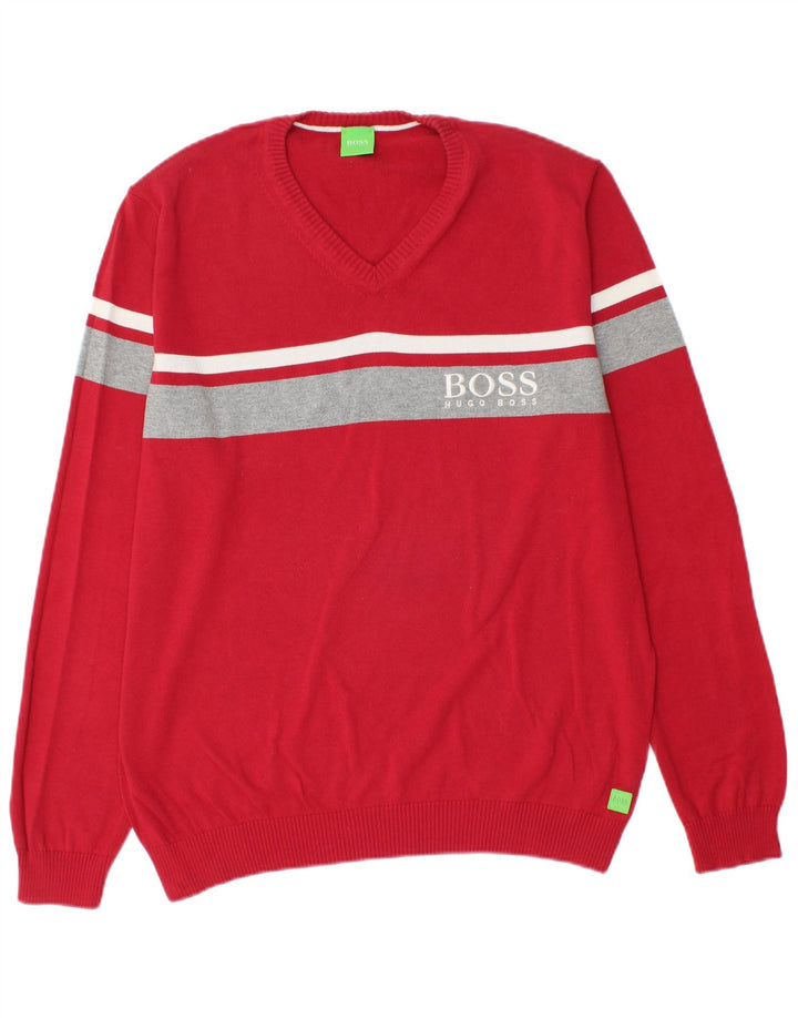 HUGO BOSS Mens Graphic V-Neck Jumper Sweater Large Red Colourblock