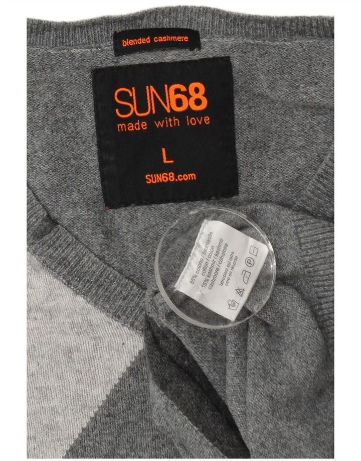 Sun68 Mens V-Neck Jumper Sweater Large Grey Argyle/Diamond Cotton
