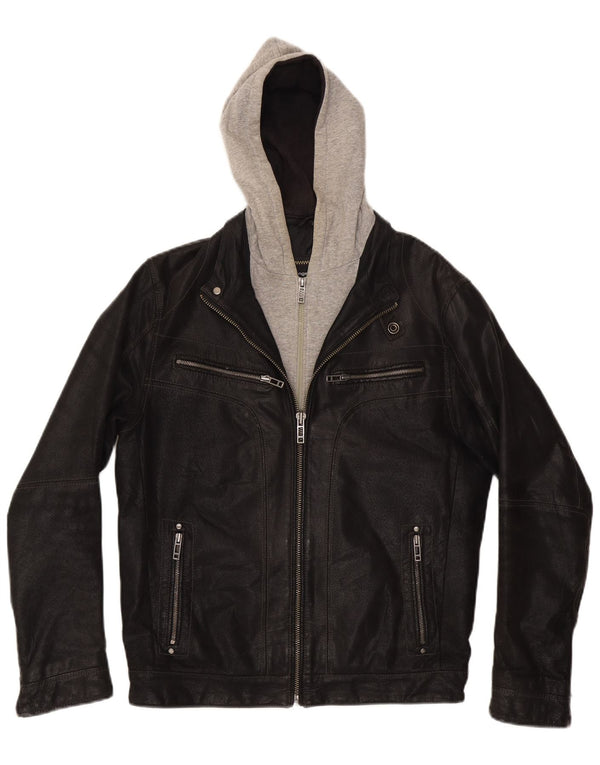 Angelo Litrico Mens Hooded Leather Jacket UK 36 Small Black Colourblock