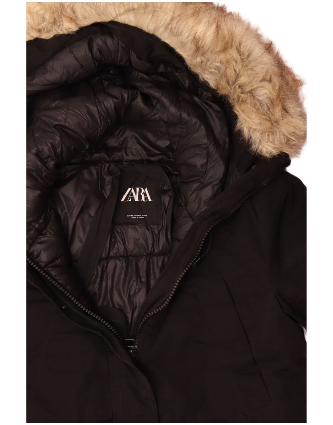 Zara Womens Hooded Oversized Parka Jacket UK 6 XS Black Polyester