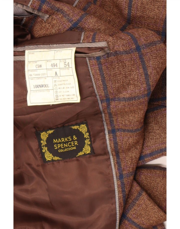 Marks & Spencer Mens 1 Button Blazer Jacket IT 54 2XL Brown Check Wool