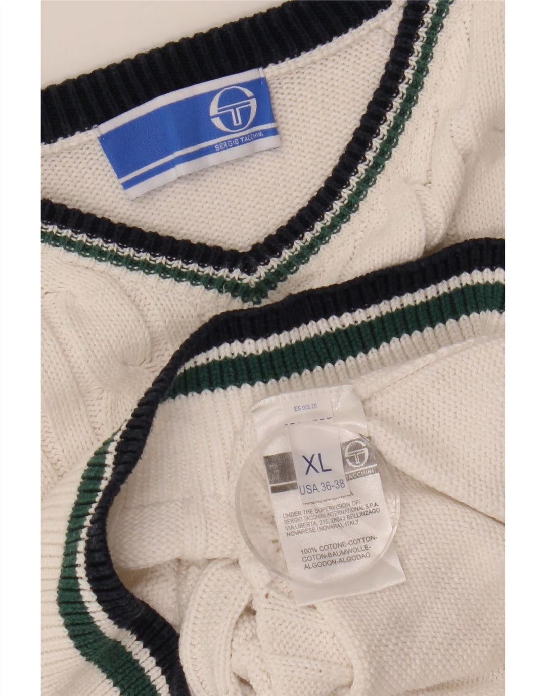 Sergio Tacchini Mens V-Neck Jumper Sweater XL White Cotton