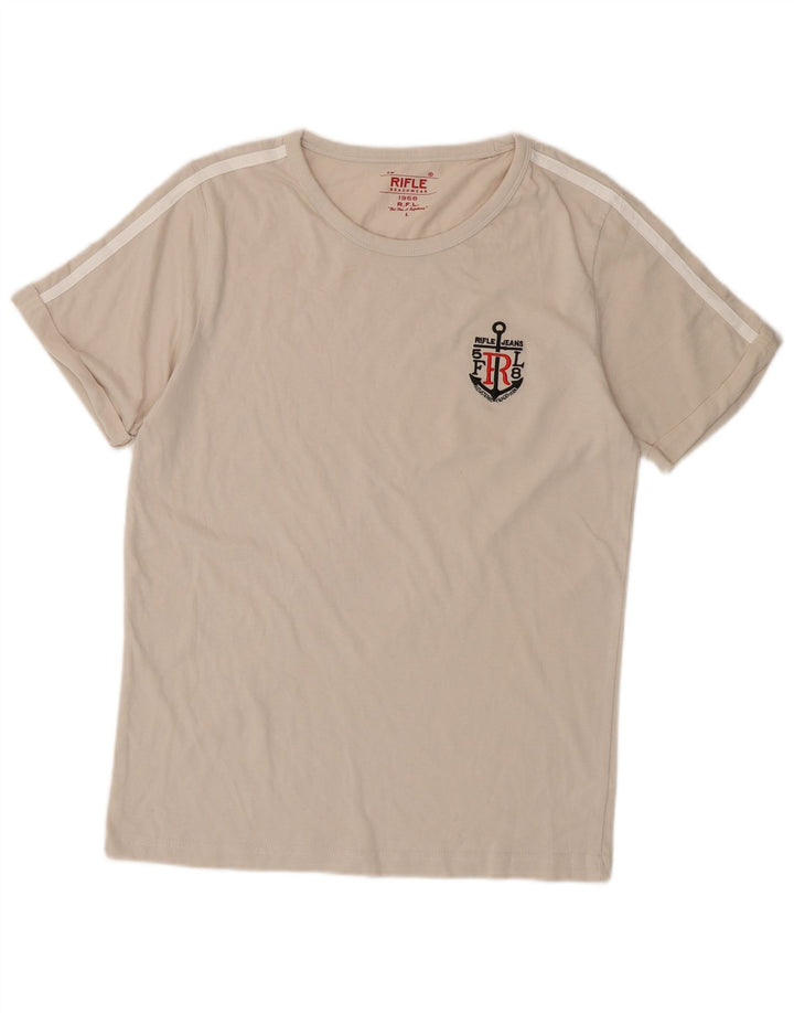 RIFLE Womens T-Shirt Top UK 14 Large Off White Cotton