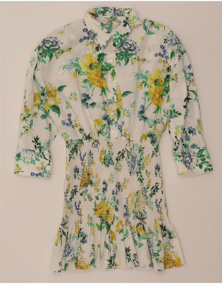 ZARA Womens 3/4 Sleeve Pullover Shirt Dress UK 10 Small White Floral