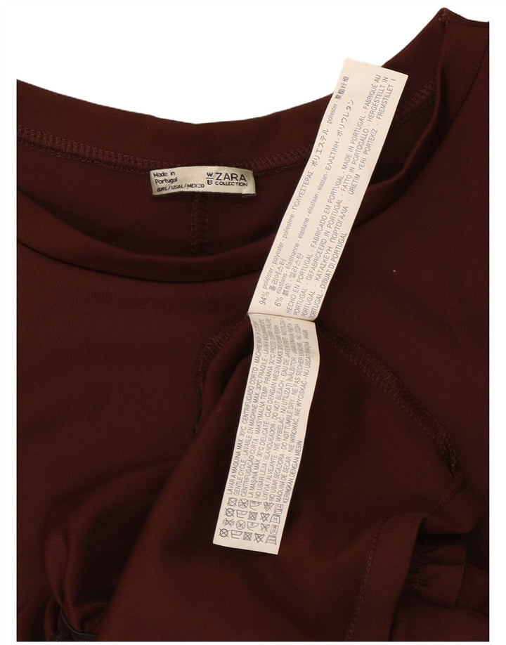 Zara Womens Ruffle Front Shift Dress UK 14 Large Brown Polyester