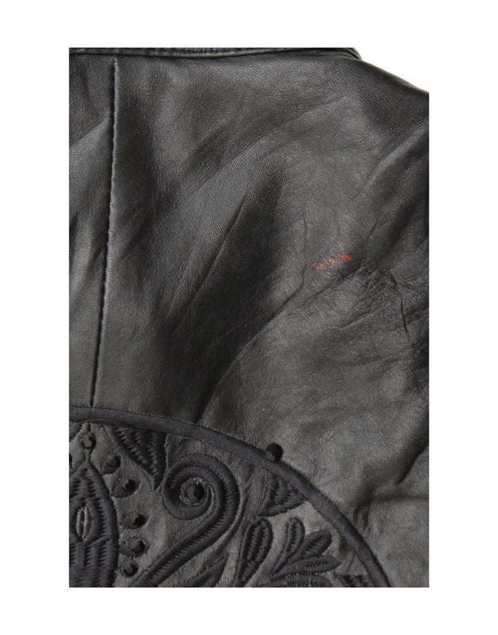 Vintage Womens Graphic Leather Biker Jacket EU 38 Medium Black Leather