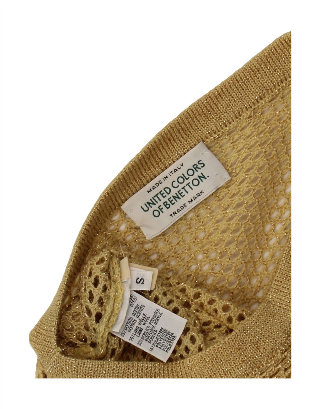 BENETTON Womens Oversized Long Sleeve See Through Top UK 10 Small Gold Vintage Benetton and Second-Hand Benetton from Messina Hembry 