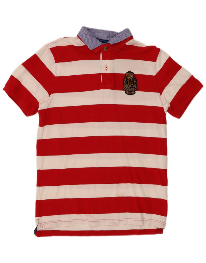 TOMMY HILFIGER Mens Slim Fit Rugby Polo Shirt Large Red Striped Cotton