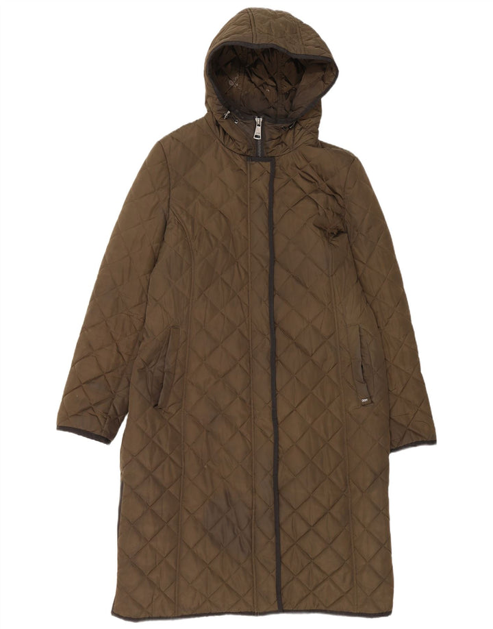 Dkny Womens Hooded Quilted Overcoat UK 16 Large Khaki Polyester