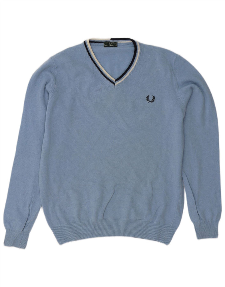Fred Perry Boys V-Neck Jumper Sweater 15-16 Years Blue Wool