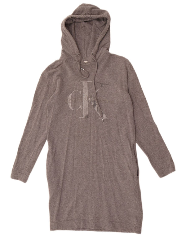 Calvin Klein Jeans Womens Graphic Hoodie Dress UK 6 XS Grey Flecked Cotton