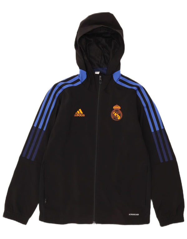 ADIDAS Boys Real Madrid Hooded Tracksuit Top Jacket 9-10 Years Black