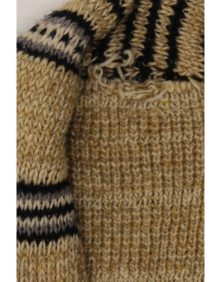 Vintage Mens Graphic Open Cardigan Sweater Medium Beige Colourblock