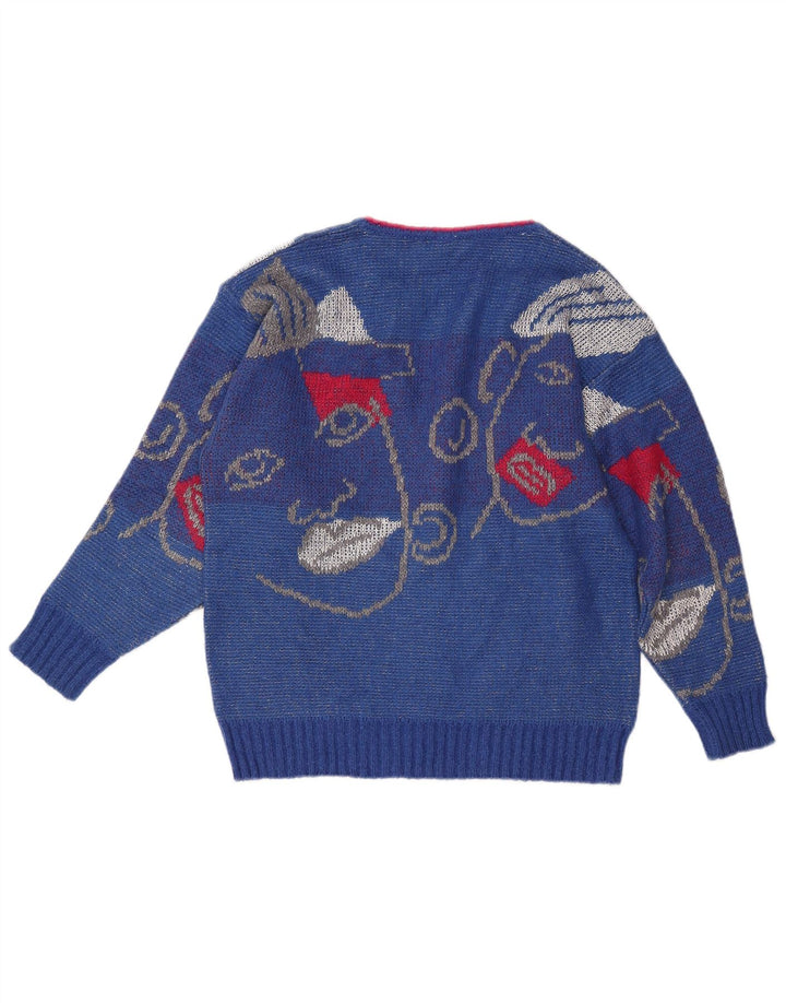 VINTAGE Womens Graphic V-Neck Jumper Sweater UK 16 Large Blue