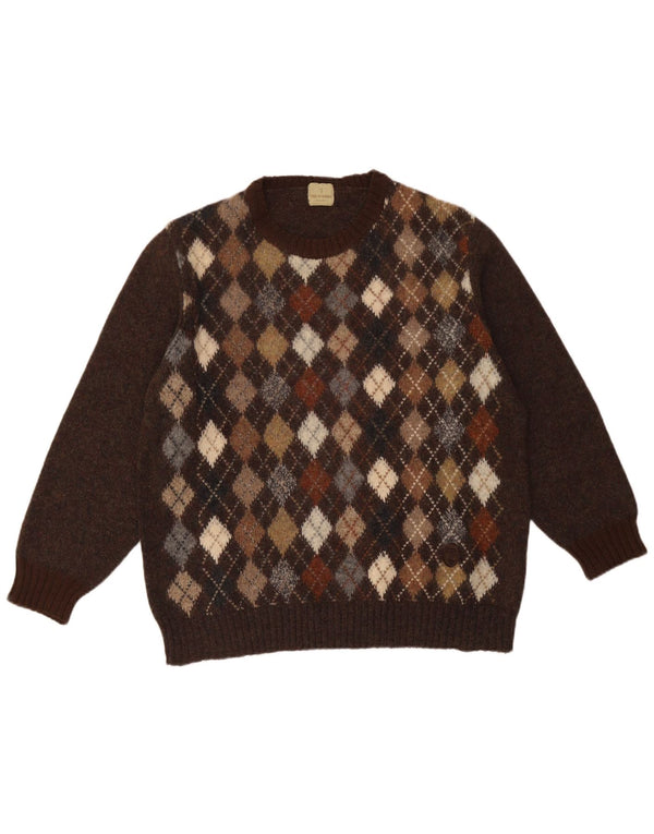 Trussardi Mens Crew Neck Jumper Sweater Large Brown Argyle/Diamond
