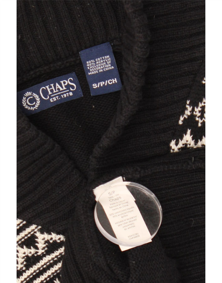 CHAPS Mens Cardigan Sweater Small Black Fair Isle Cotton