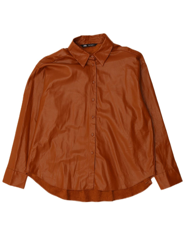 Zara Womens Loose Fit Faux Leather Shirt UK 16 Large Brown Polyurethane