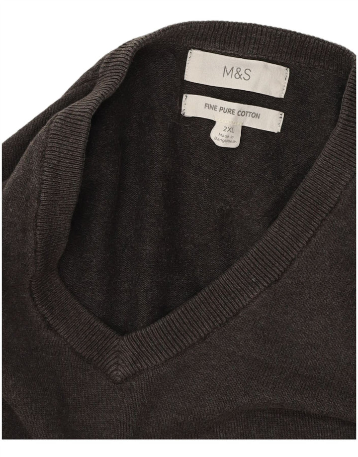 MARKS & SPENCER Mens V-Neck Jumper Sweater 2XL Grey Cotton
