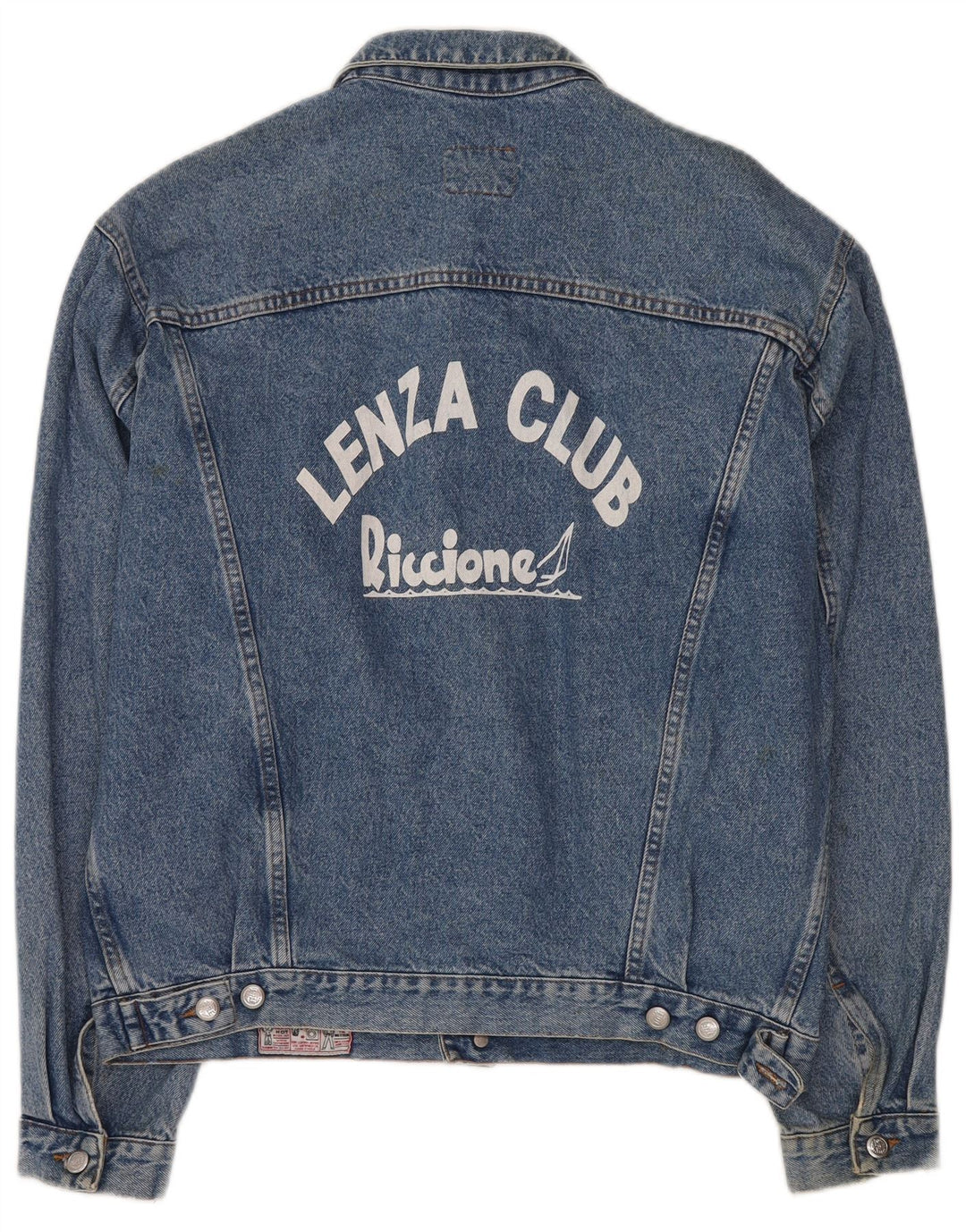 Rifle Mens Graphic Denim Jacket UK 44 2XL Blue Retro