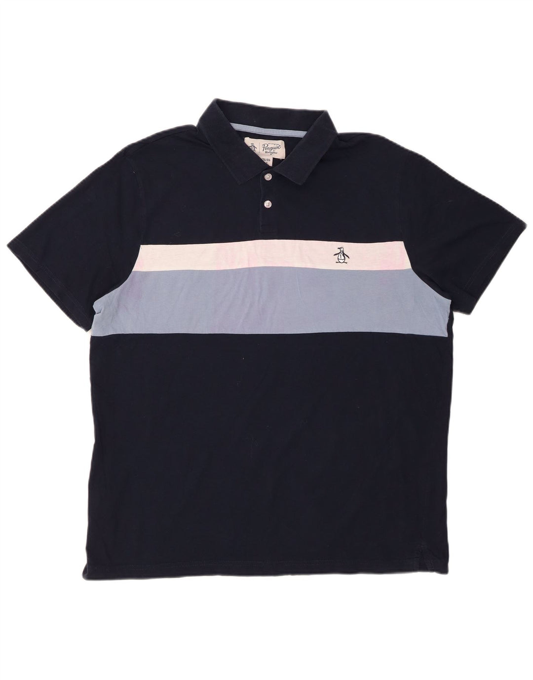 PENGUIN Mens Polo Shirt XL Navy Blue Striped Cotton