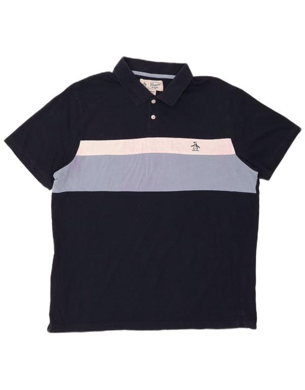 PENGUIN Mens Polo Shirt XL Navy Blue Striped Cotton