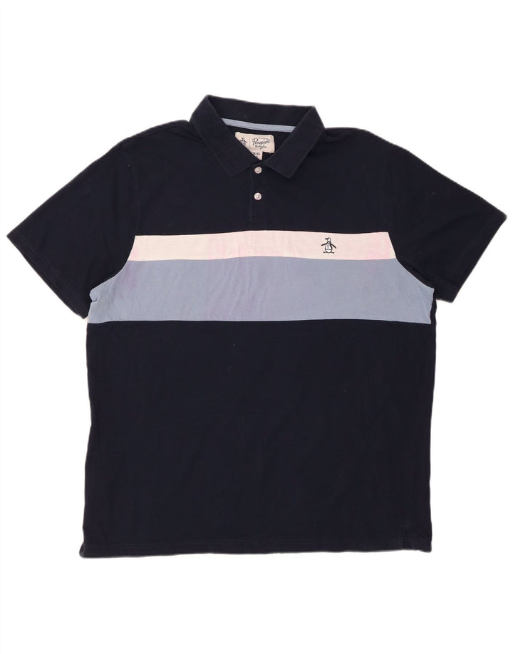 PENGUIN Mens Polo Shirt XL Navy Blue Striped Cotton