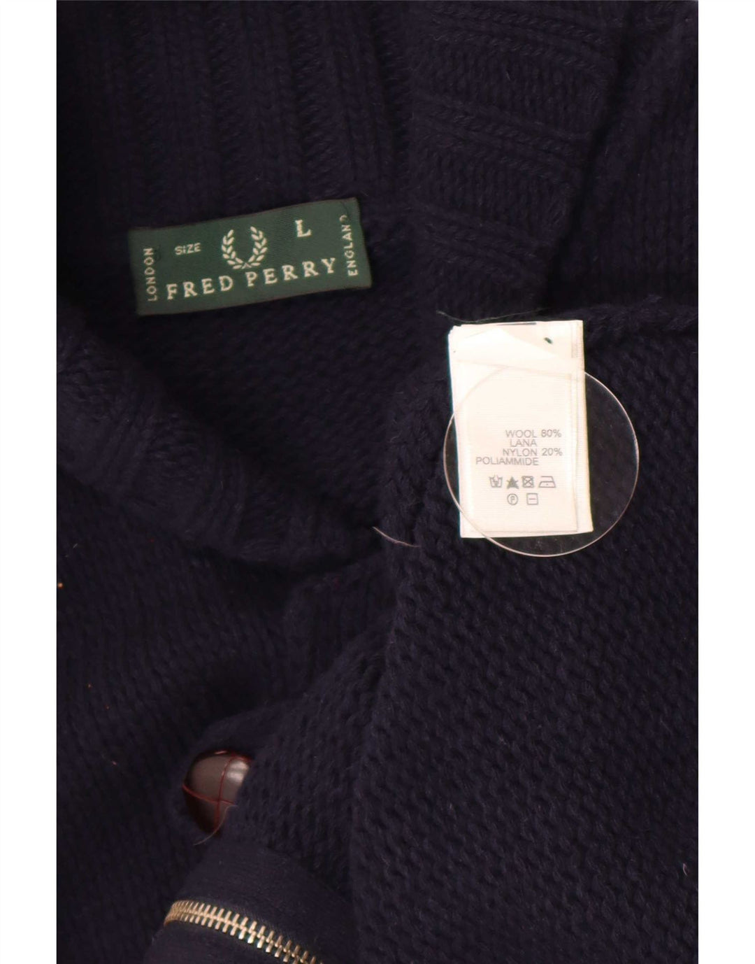 Fred Perry Mens Cardigan Sweater Large Navy Blue Wool