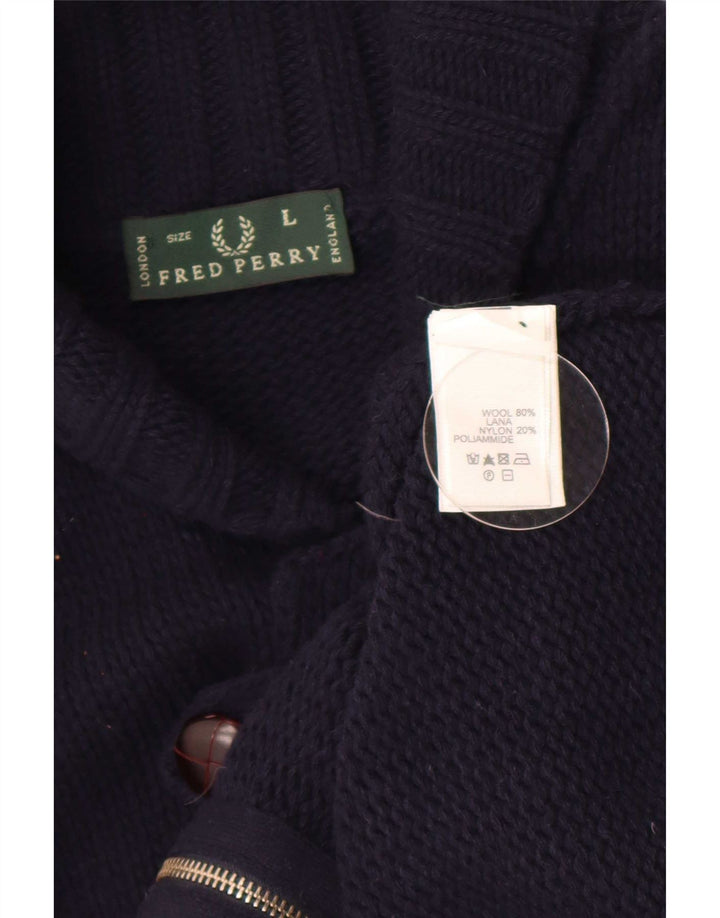 Fred Perry Mens Cardigan Sweater Large Navy Blue Wool