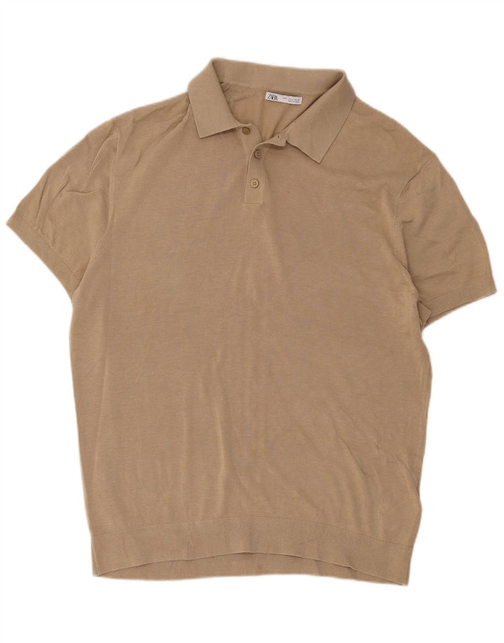 Zara Mens Polo Shirt Large Beige Cotton