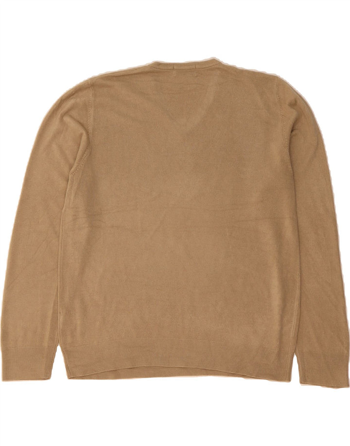 MARKS & SPENCER Mens V-Neck Jumper Sweater Large Beige Acrylic Vintage Marks & Spencer and Second-Hand Marks & Spencer from Messina Hembry 