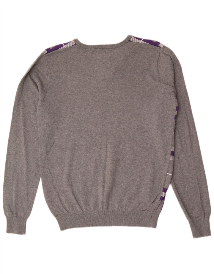 Jack & Jones Mens V-Neck Jumper Sweater Small Grey Check Cotton