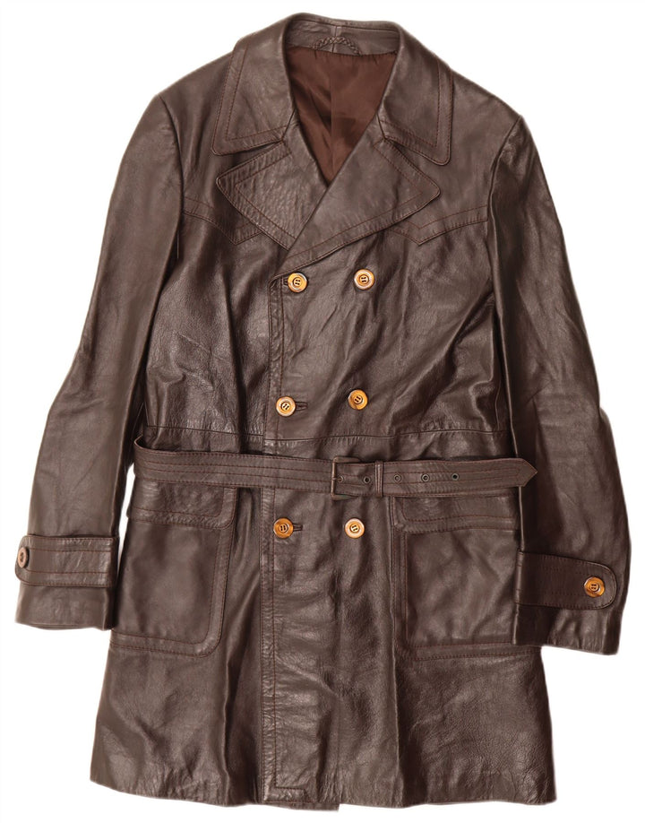 Vintage Mens Leather Double Breasted Coat UK 36 Small Brown