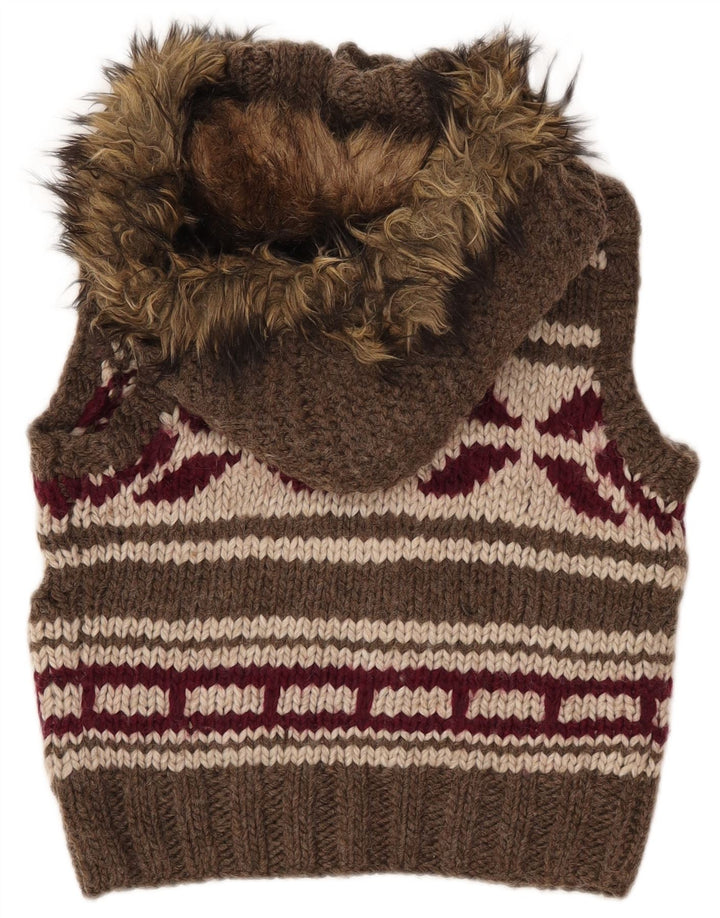 SUPERDRY Womens Hooded Cardigan Sweater UK 10 Small Brown Geometric